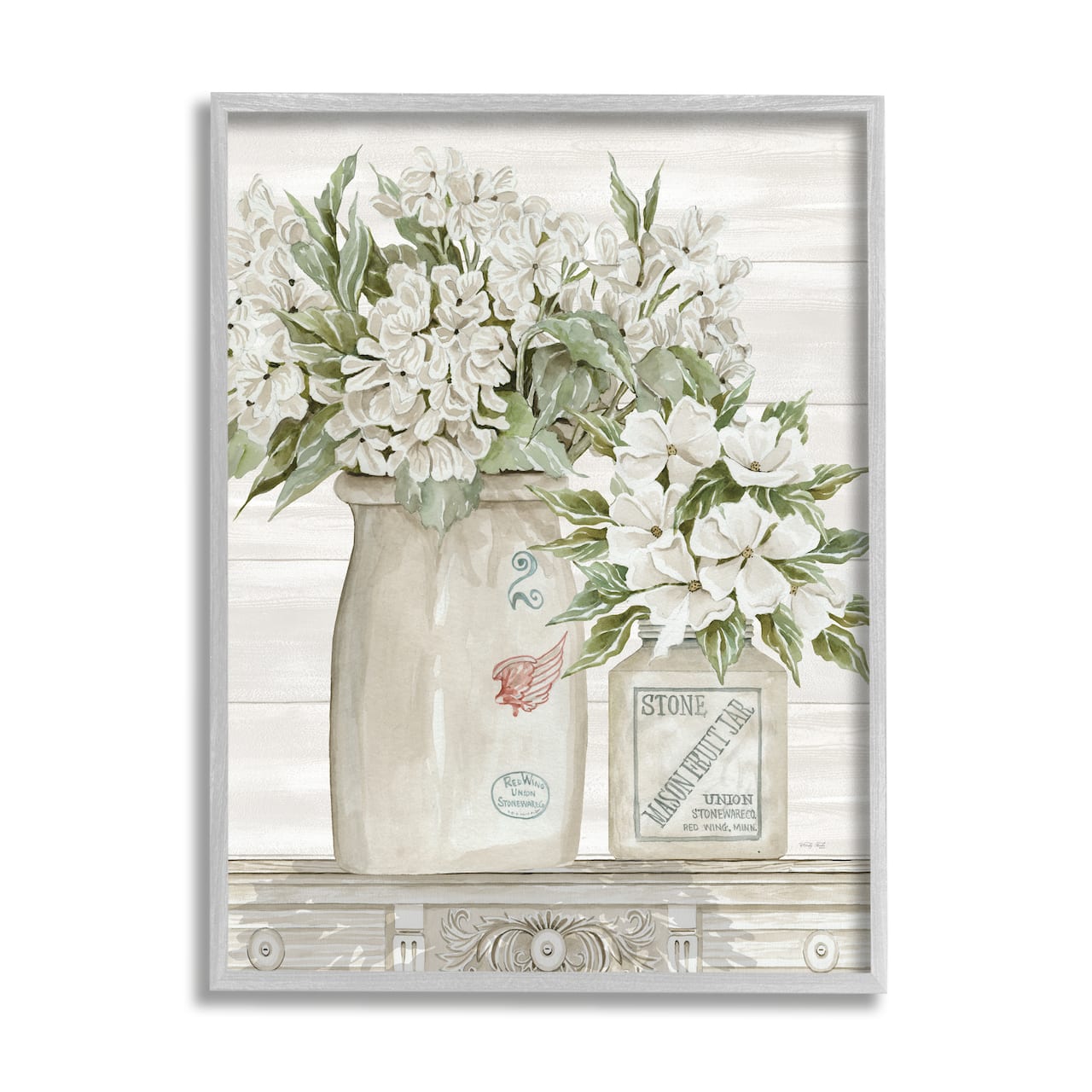 Stupell Industries Alluring White Florals Classic Country Ceramic Jars in Gray Frame Wall Art